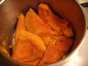 Orange kabocha squash after it is cooked in the pressure cooker. This method of cooking pumpkin saves time and energy.